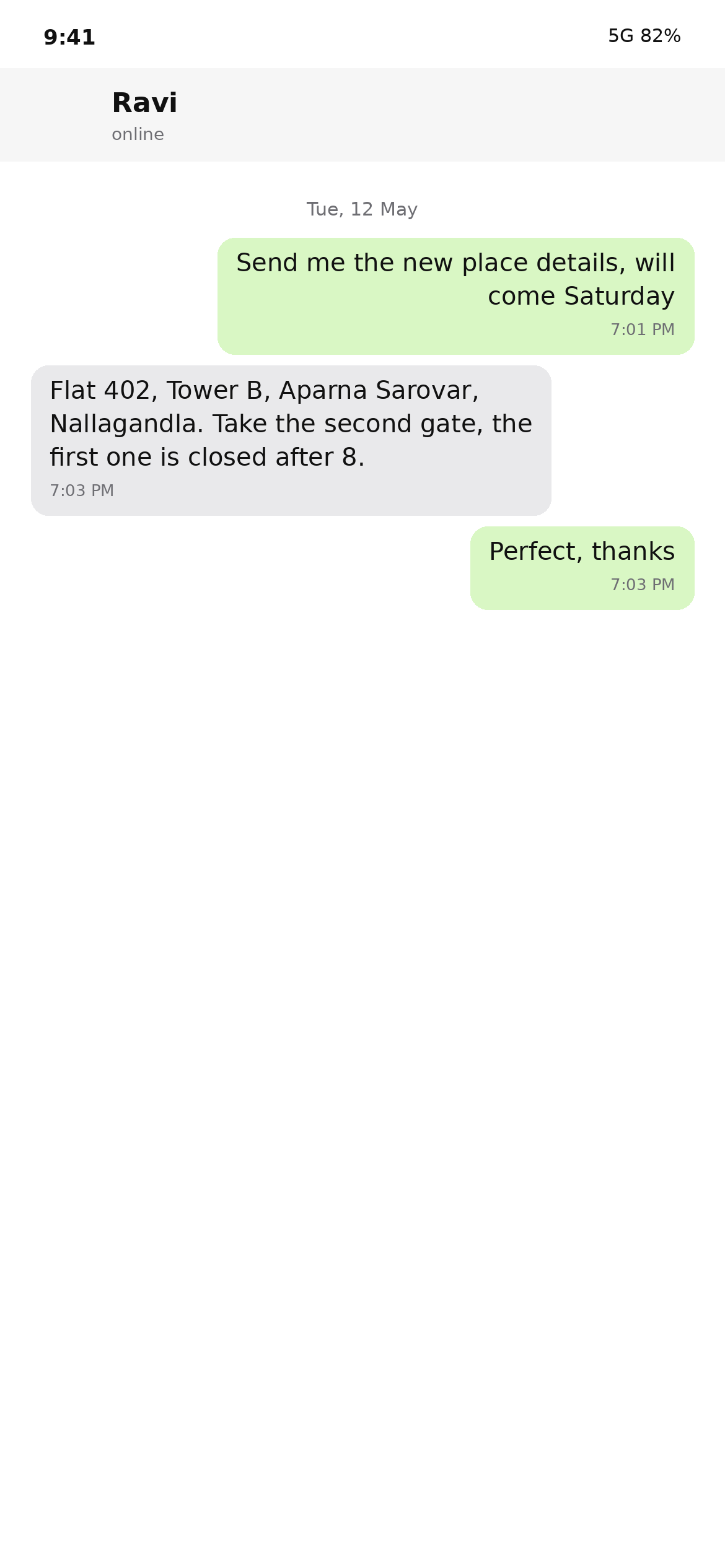 Fictional Ravi chat showing his incoming message with a flat address.