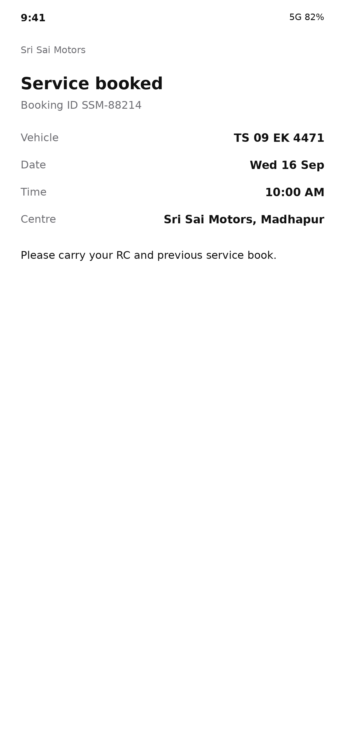 Fictional car service booking showing Wednesday 16 September at 10 am.
